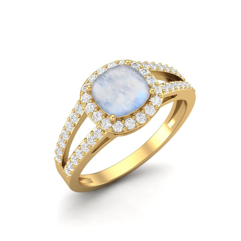 925 Sterling Silver Gold Vermeil 2.22 Cts Cushion Moonstone Solitaire With Accent Split Shank Wedding Women Ring