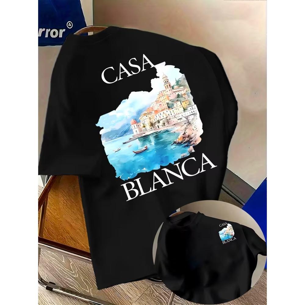 

Casablanca Coastal Scenery Graphic T-Shirt, Summer Beach Vacation Retro Print Casual Tee, Round Neck Short Sleeve Streetwear Top XL