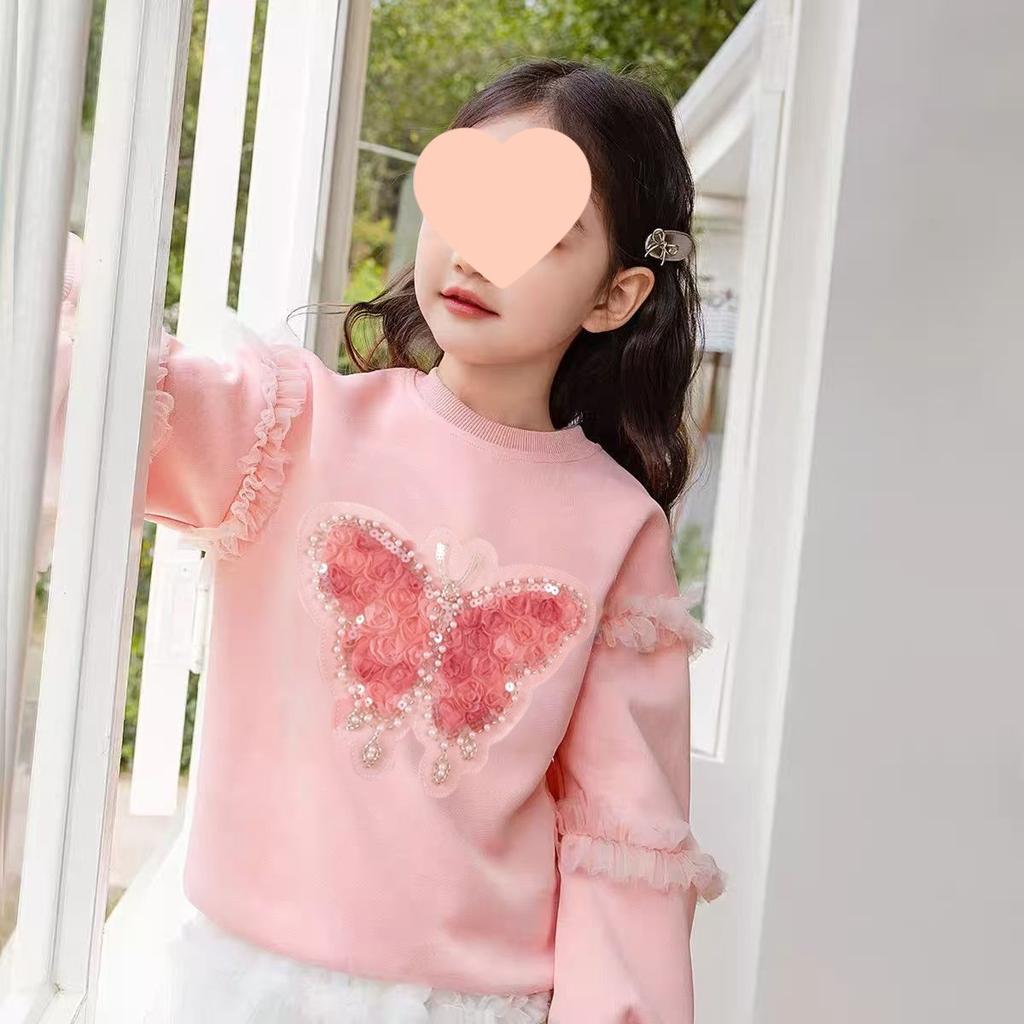 Girls Long Sleeve Sweatshirt with Glitter Butterfly and Mesh Detail for Spring Autumn