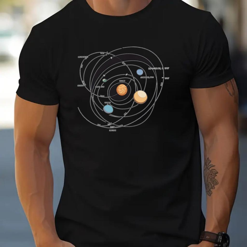 Planets Print Cotton Short Sleeved Crew Neck T-shirt For Men Simple And Elegant T-Shirt, Spring And Summer
