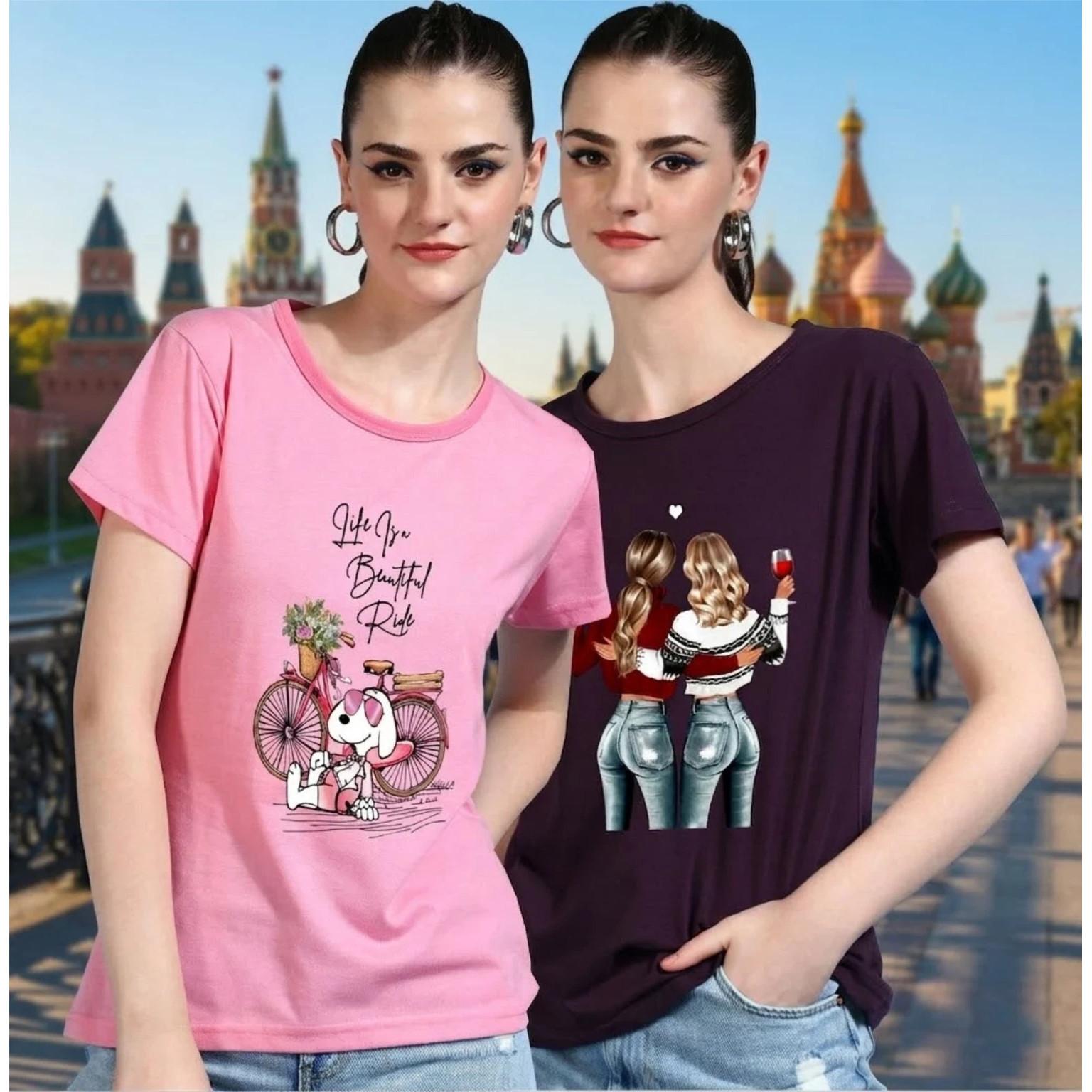 Beautiful Graphic Printed Women s Cotton Blend Round Neck T Shirt Pack Of 2 S