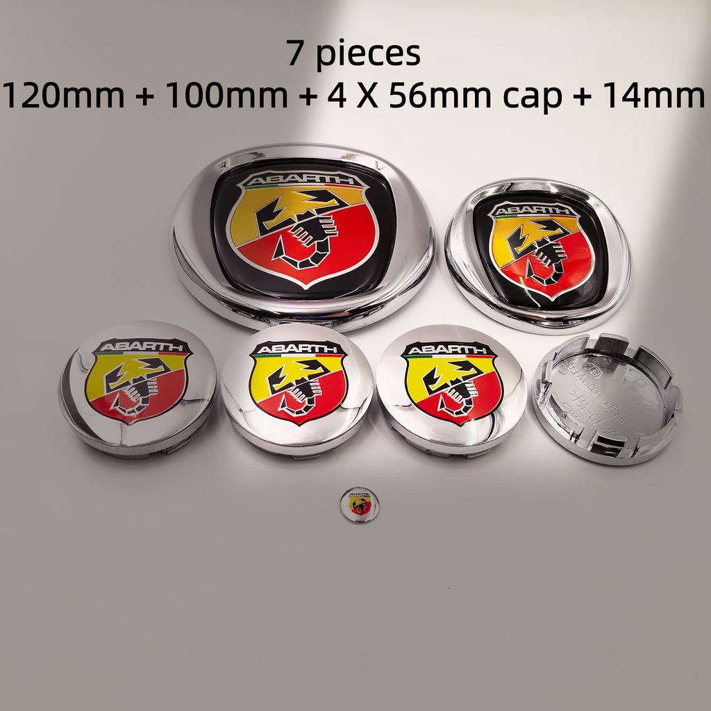 7pcs Fiat Abarth Car Front Hood Bonnet Badge 85/95/100/120mm Rear Trunk Boot Badge 10/12cm Hub Cap Wheel Center Cap 56/60mm