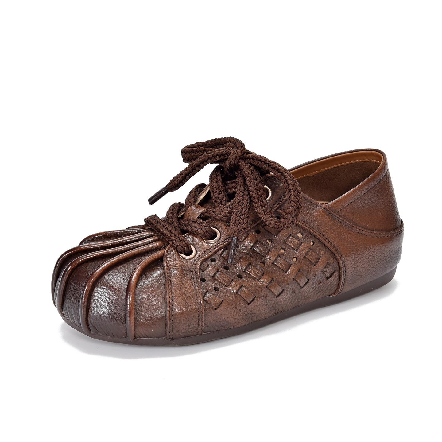 

Johnature Retro Comfortable Soft Soled Shoes Genuine Leather Hollow-out Lace Up Women s Flat Shoes 35 темно-коричневого