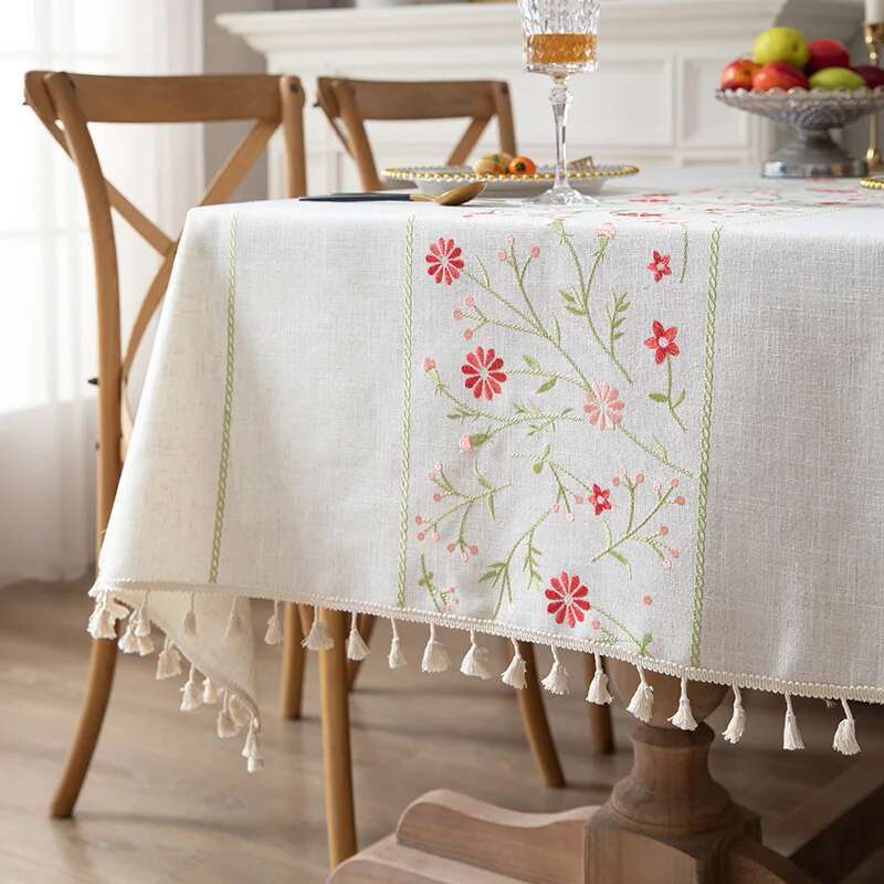Nordic Cotton Linen Fabric Tablecloth Embroidered Dining Table Cloth Waterproof and Oil Proof Tea Table Cloth Rectangular Tassel