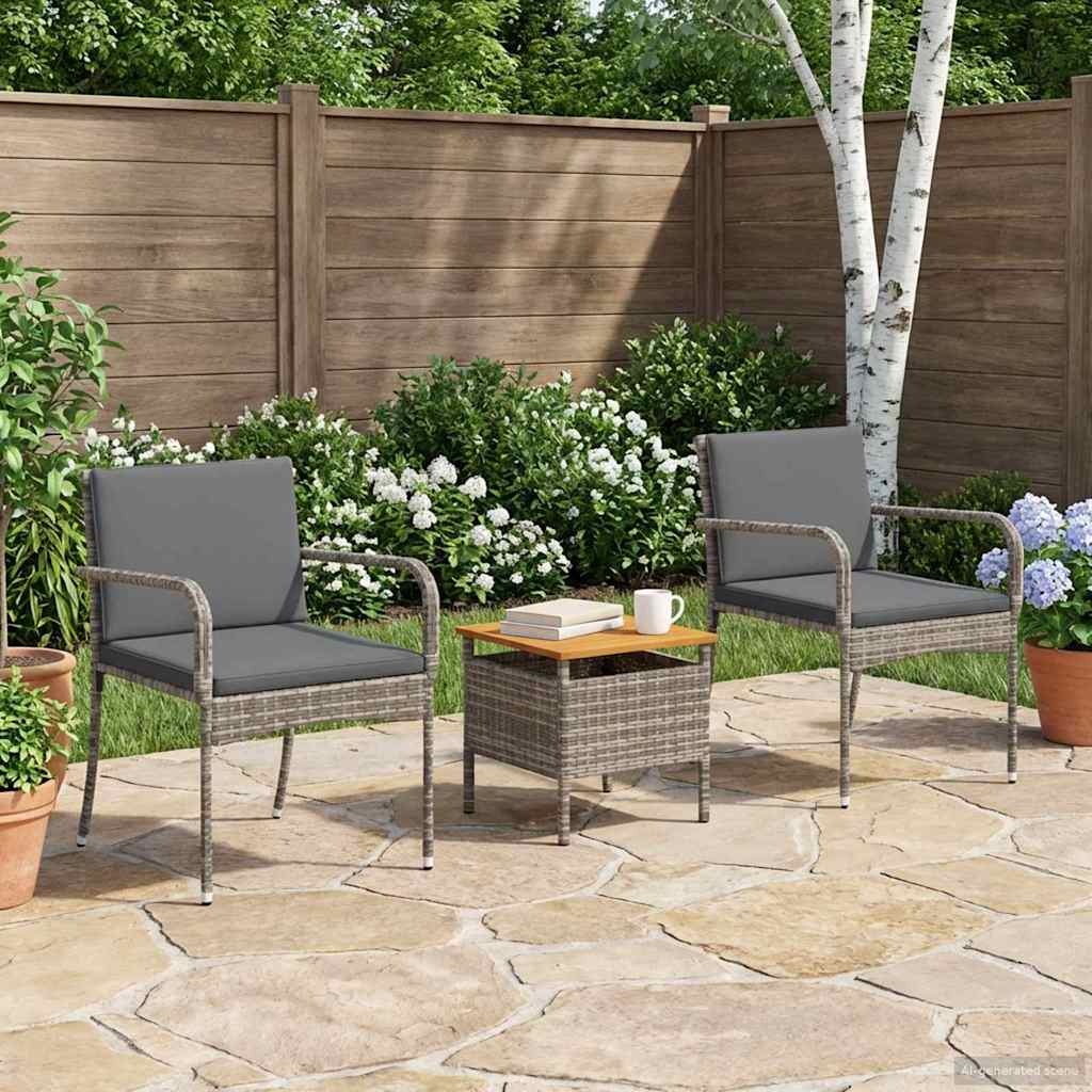 Garden Bistro Set with Cushions 3 Piece Grey Poly Rattan