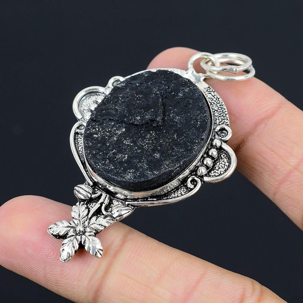 Wedding Gift For Her 925 Silver Natural Black Tourmaline Rough Pendant Flower