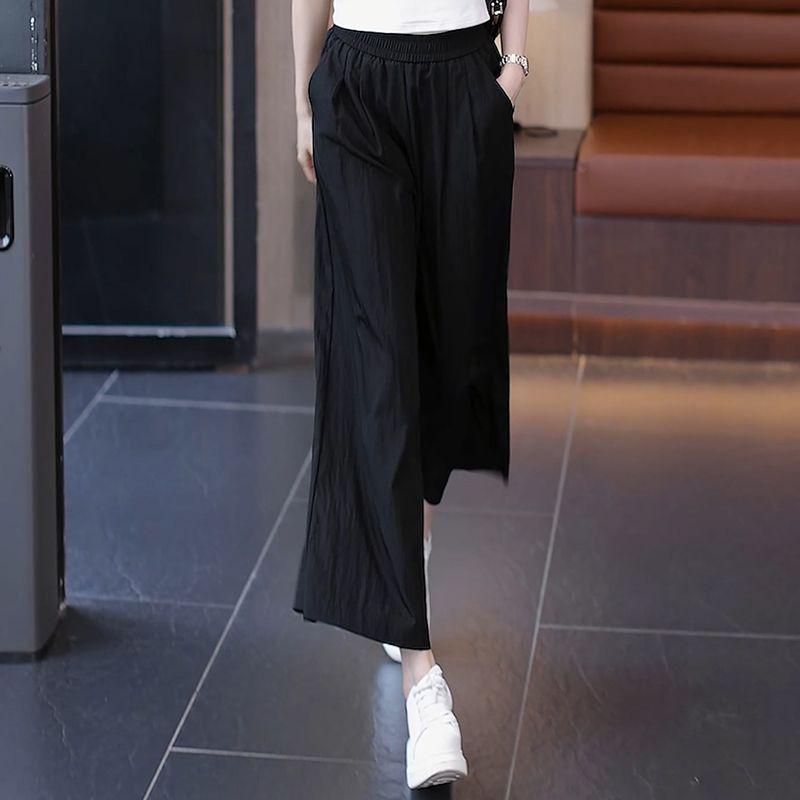 

2026 New Women s High-Waisted Ice Silk Wide-Leg Cropped Pants – Summer Thin, Drapey, Loose, and Casual Style. M (85-105 Jin) чёрный