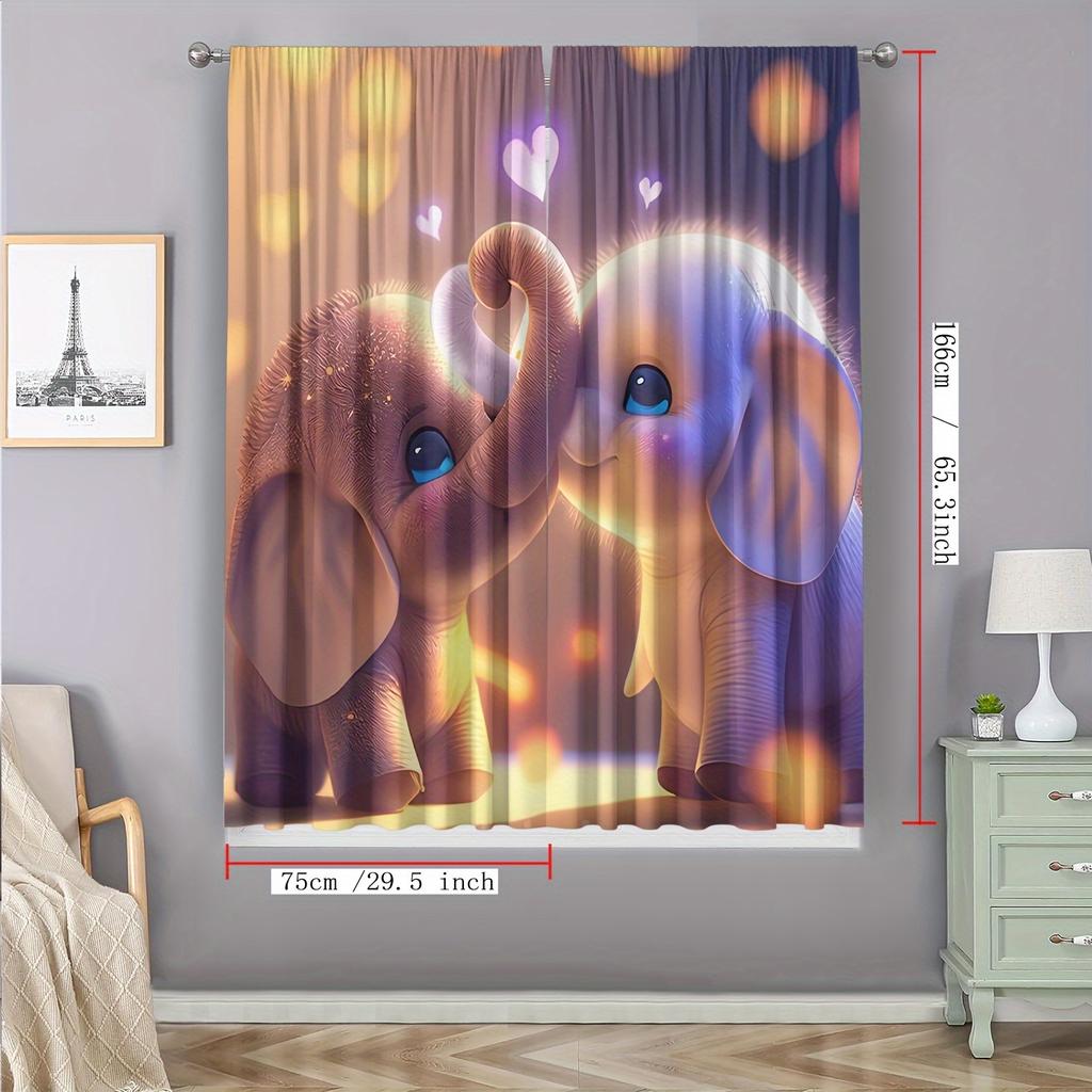 Elephant Love Curtains Set of 2 – Adorable Twin Elephants with Heart Bokeh, Rod Pocket Semi-Sheer Drapes