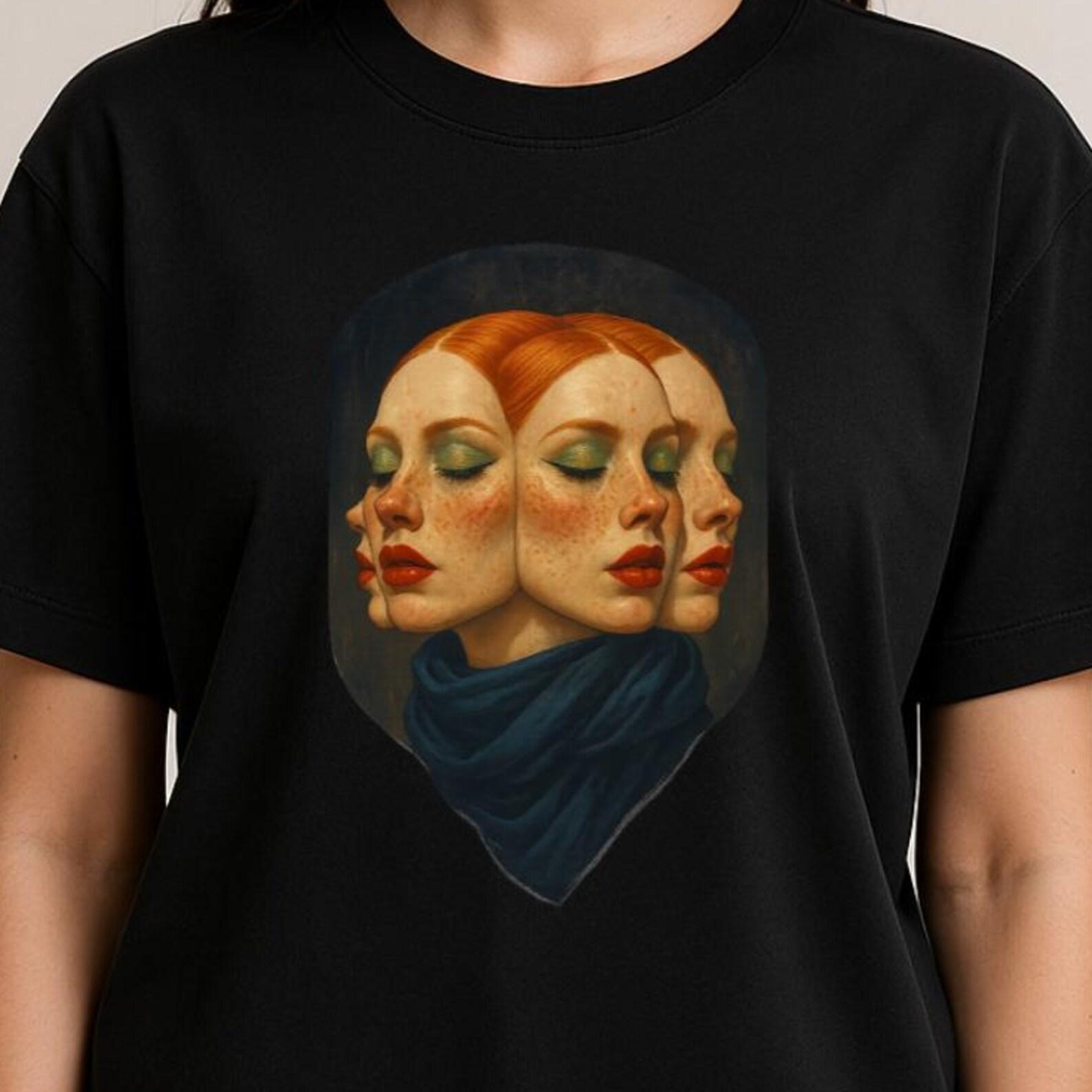 Surreal Multi-Face Portrait Shirt: Vintage Oil Style, Optical Illusion Art M