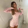 Tuta da donna in maglia ad alta elasticità con volant e stampa floreale, manica lunga, bottoni, vita alta, aderente, da loungewear, per la primavera
