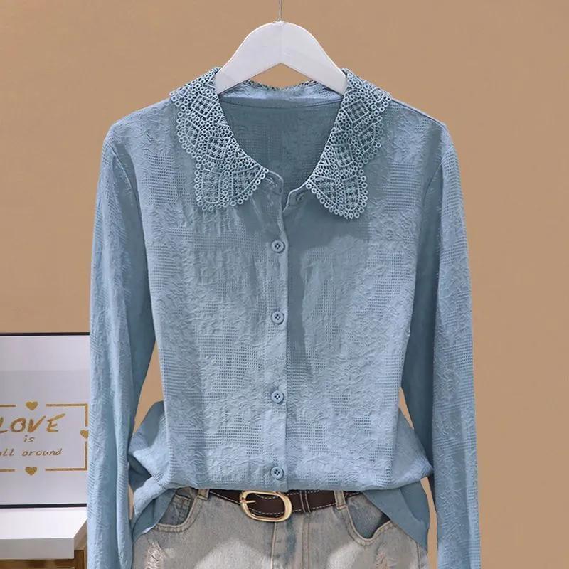 Frühling Herbst Damen Baumwoll Leinen Hemd für Damen Sommer Kurzarm Bluse Jacquard Bestickt Spitze Kragen Hemd
