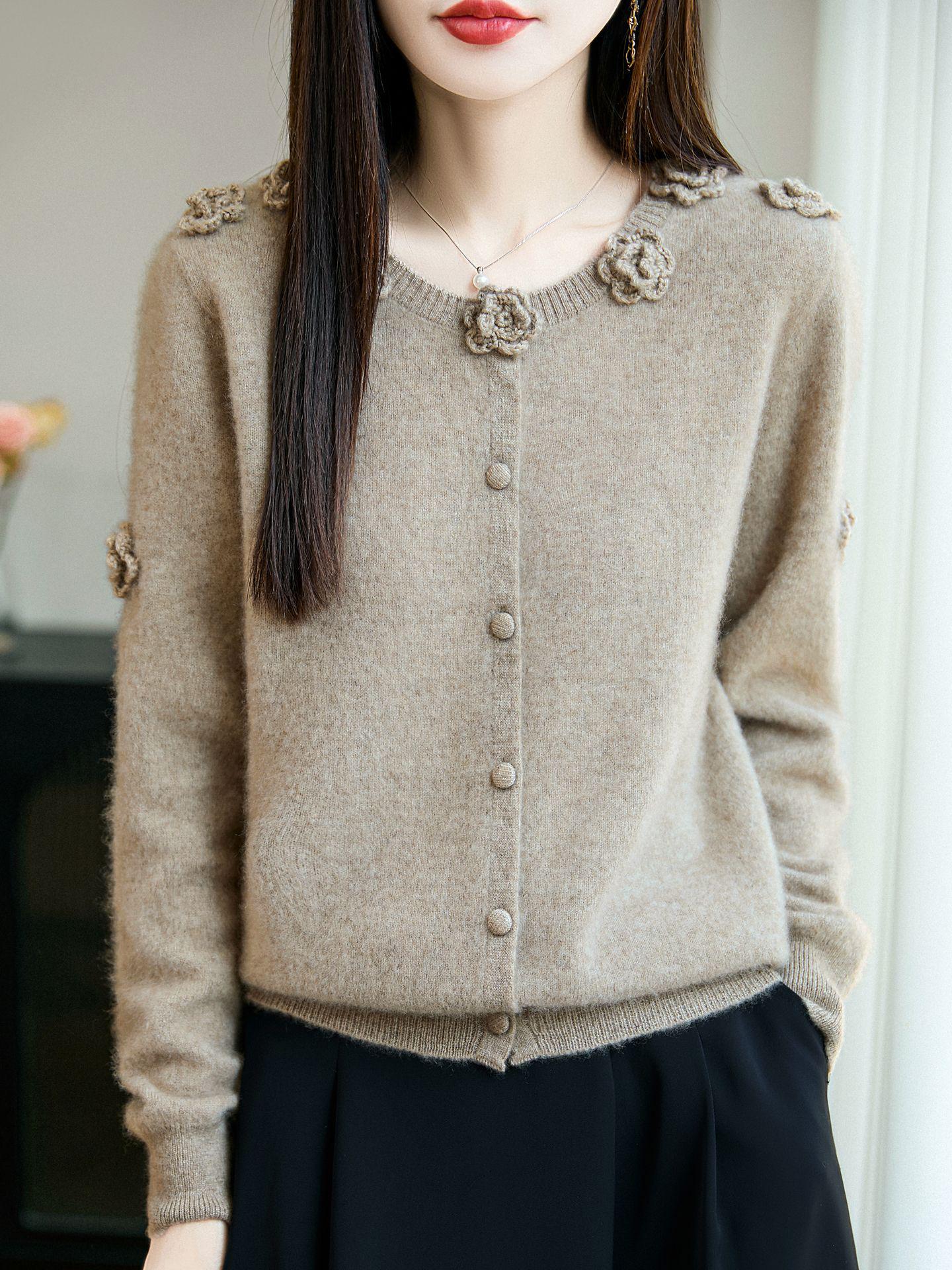 

Women s 100% Pure Wool Crochet Cardigan: Round Neck, Rose Flower Design, Loose Knit Sweater Top. M