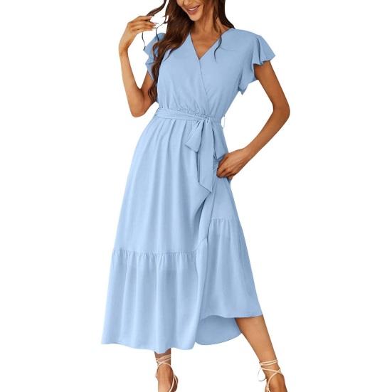 

Женское летнее миди-платье с V-образным вырезом, оборками, рукавами-крылышками, летящее платье-запа́х, бохо, пляжное А-силуэта, расклешенное платье-сарафан XL