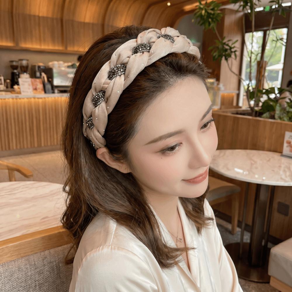 Twisted Knotted High Cranial Hair Hoop Soft Fabric Braided Hairband Rhinestone Headband Daily Use