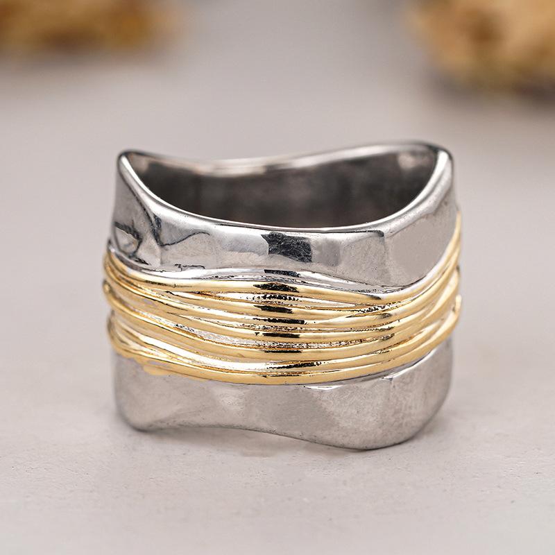 Anillo de viento metálico irregular de dos colores para mujer, diseño simple de línea retro