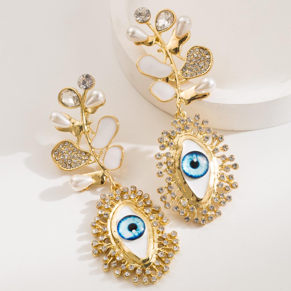 

Metal Imitation Pearl Rhinestone Eyes Geometric Dangle Earrings for Women New Trend Simple Design Zircon Party Accessories синій