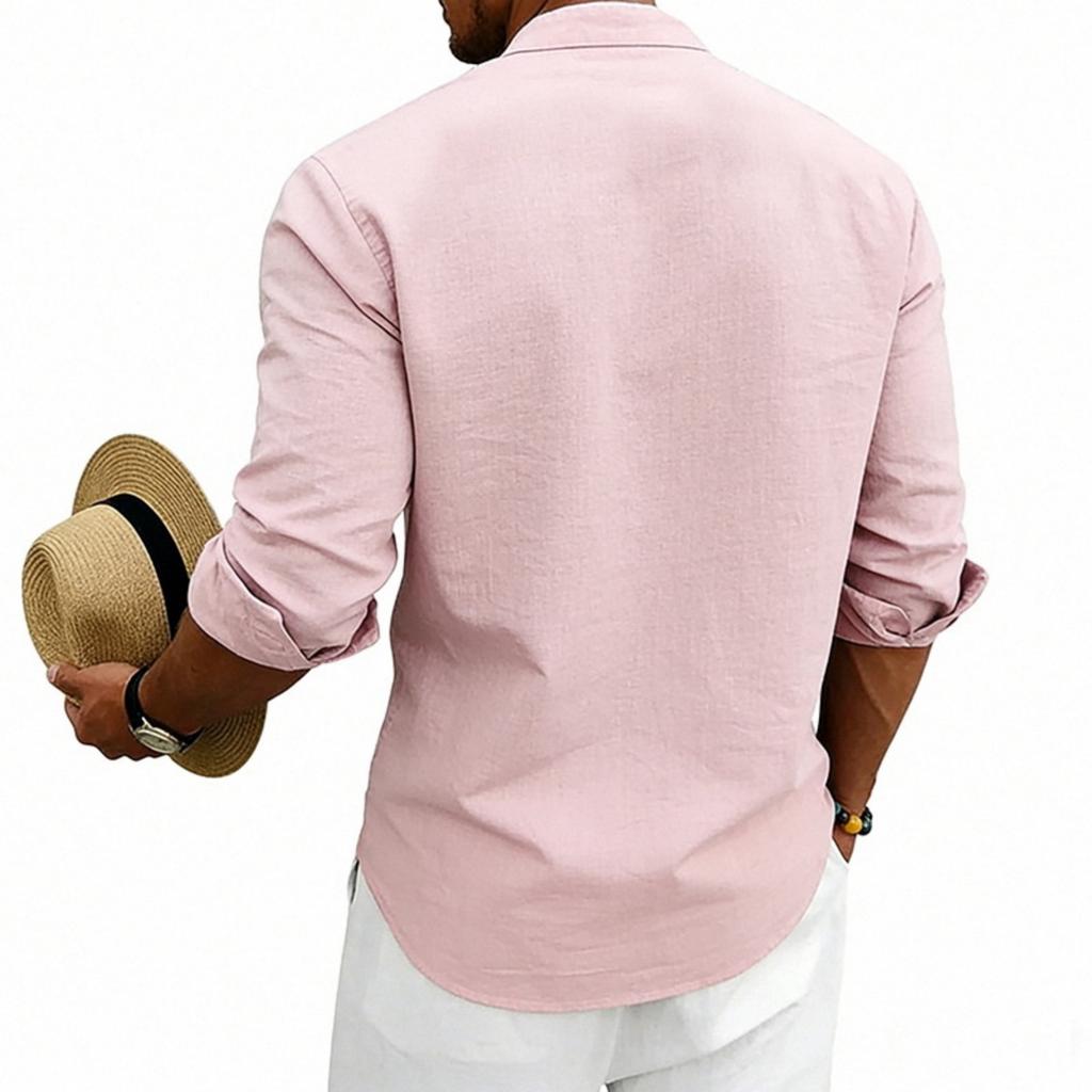 Camiseta de Lino para Hombre con Cuello Camisero, Manga Larga, Estampado Étnico, Camisa de Botones Estilo Europeo-Americano