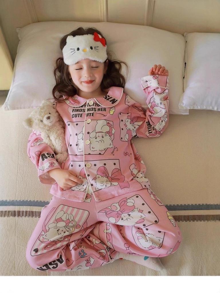 Kids' Korean Style KT Cat Pajamas - Girls' Medium/Large, Cute Cartoon Spring/Autumn Sleepwear