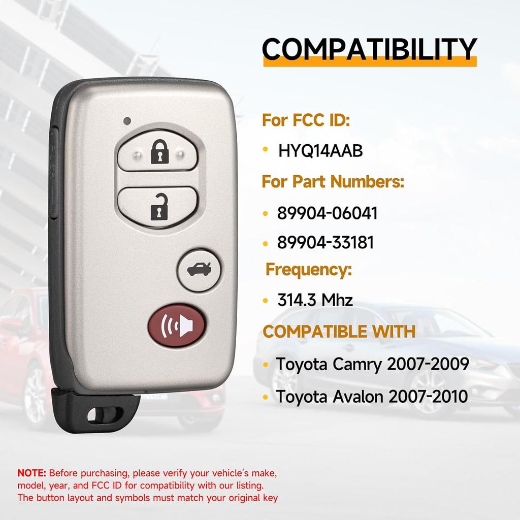 Key Fob Replacement Fits for Toyota Camry 2007-2009 Avalon 2007 2008 2009 2010 Smart Car Keyless Entry Remote HYQ14AAB 314.3MHz