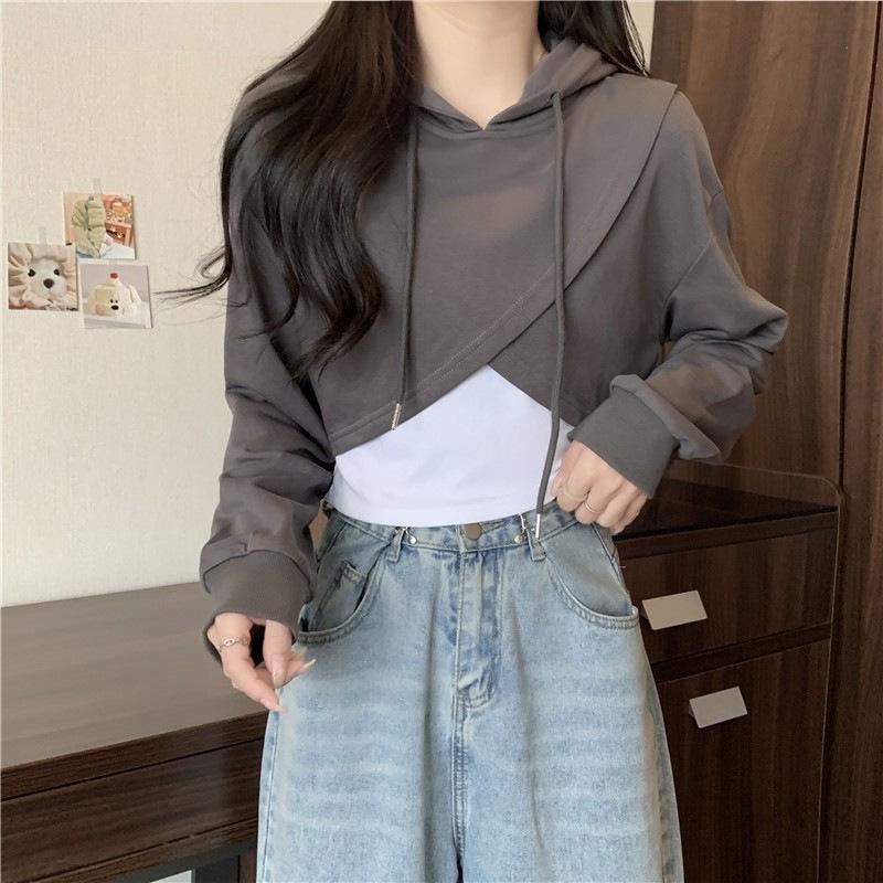 Irregular Cropped Two-Piece Hooded Sweatshirt for Women, 2023 Autumn/Winter, Korean Loose Slimming Chic Style.