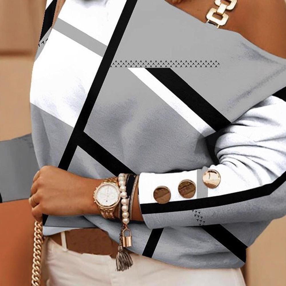 Autumn and winter long-sleeved chain neck print button decorative top women