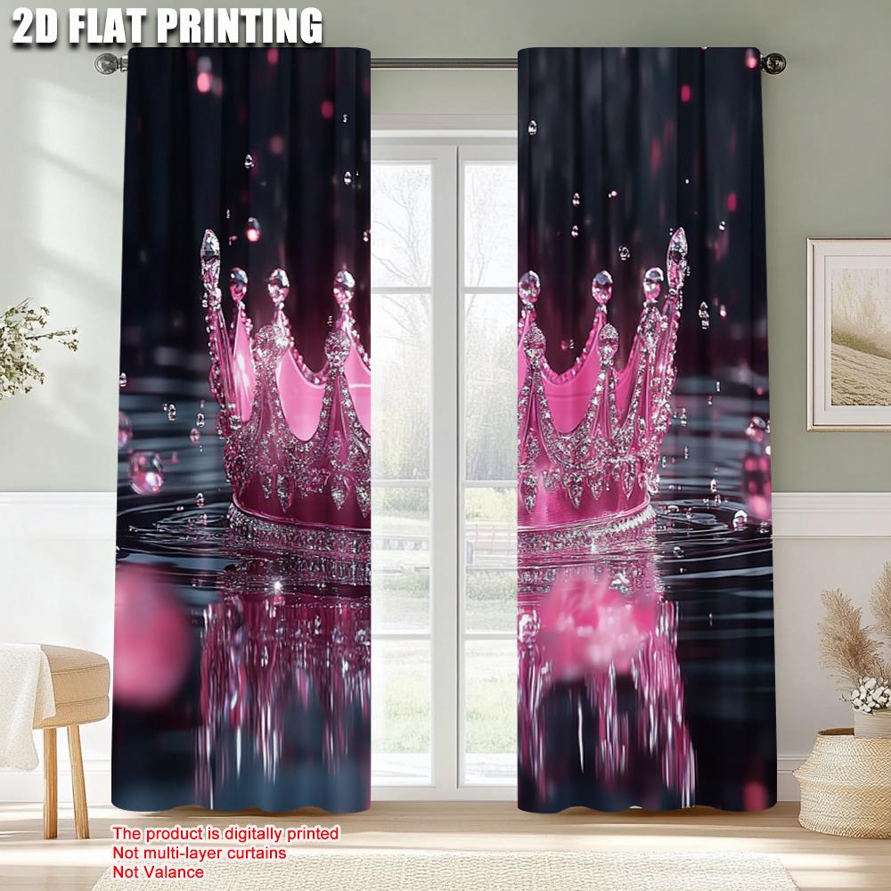 2pcs, Curtains 2D plane printing Pink Princess Crown Window Polyester Easy Install (without rod) Decorations Outdoor Use for