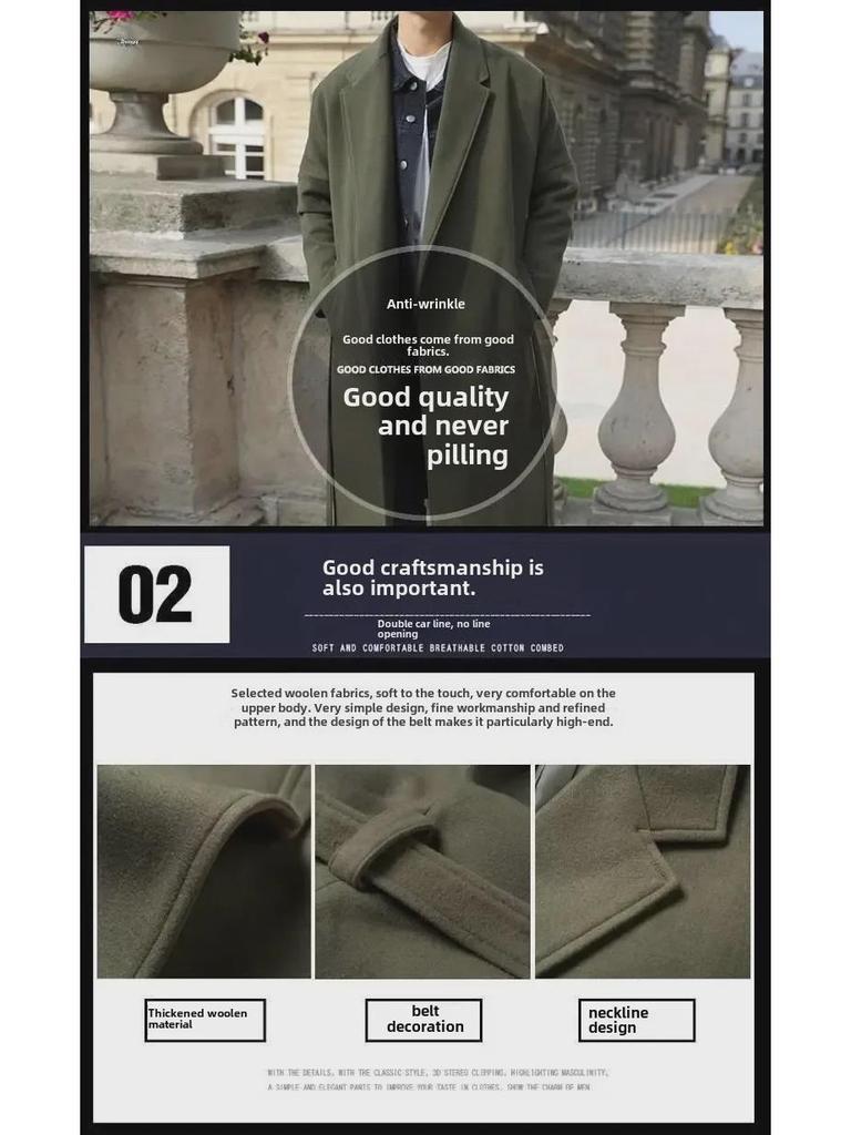 Men's Korean Style Long Woolen Windbreaker Coat