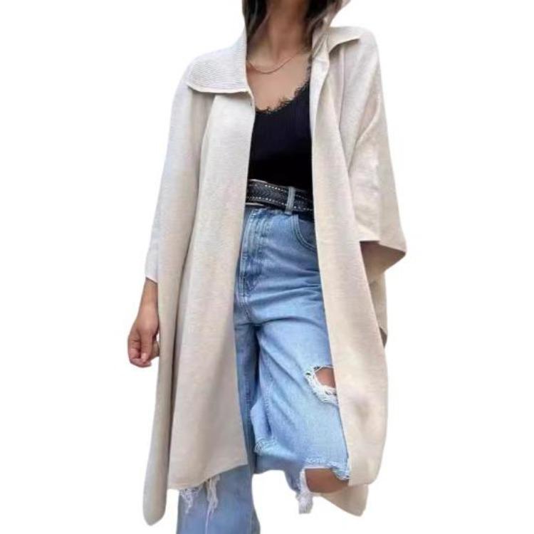 

Women Cape Jacket Cardigan Fall Spring Coat Dolman Sleeve Turn Down Collar Loose Open Stitch Irregular Hem Solid Color Dating Commuting Poncho L абрикосовый
