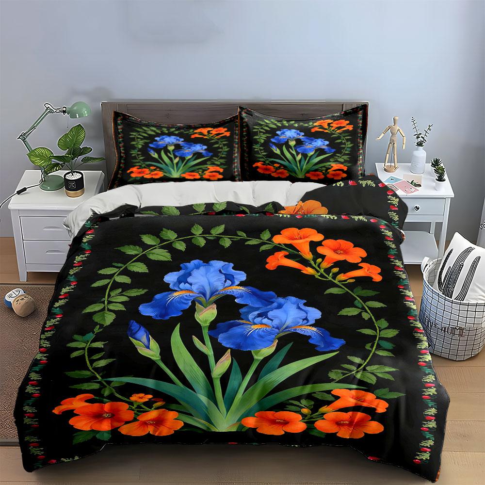 Blaue Iris, orange Blumen. Bettwäsche-Sets Bettbezug-Sets Bettbezüge Kissenbezüge(1 * Bettbezug 2 * Kissenbezüge ohne Bettdecke)