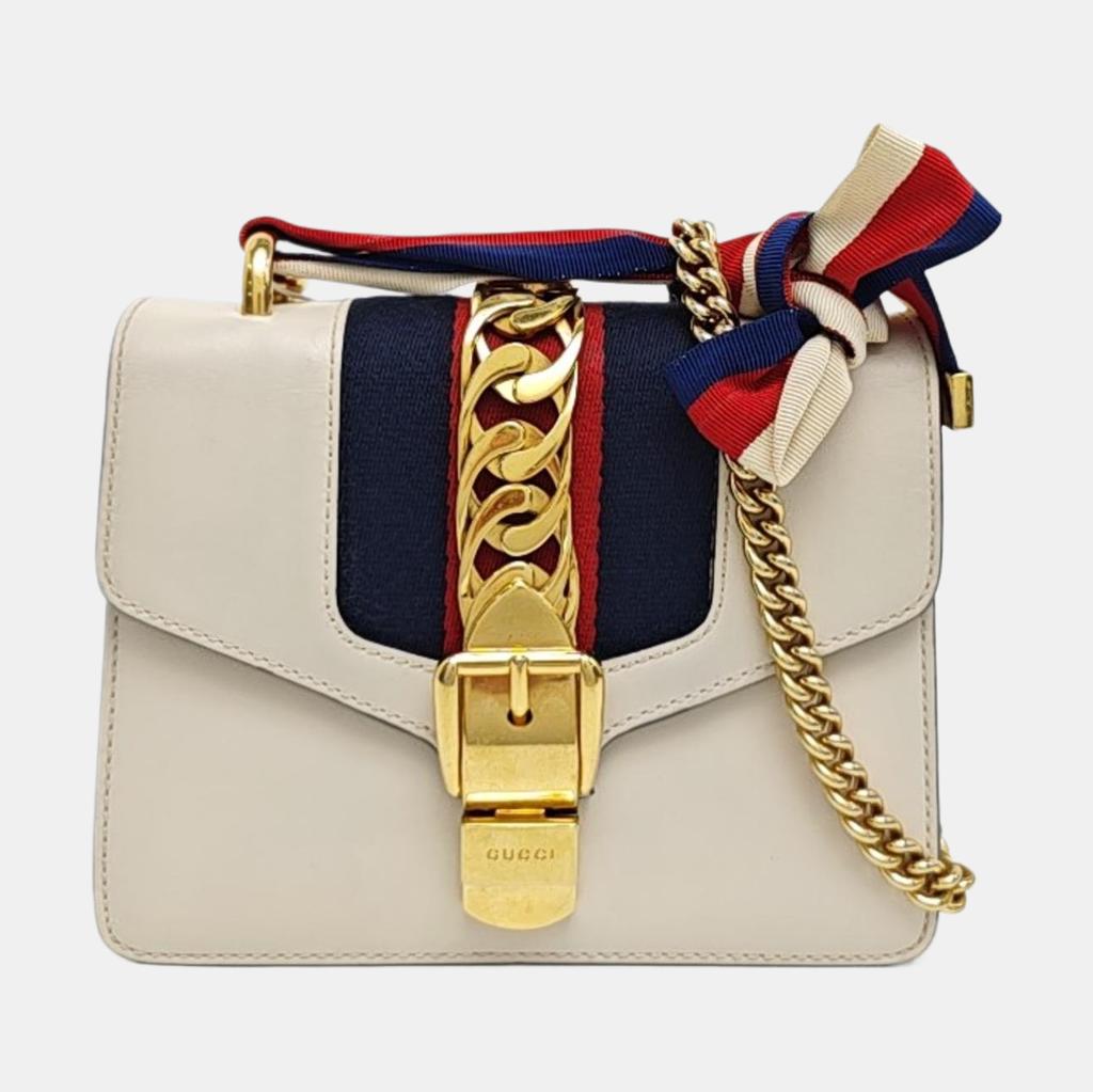 [Pre-Owned] Sylvie Gold Buckle Striped Web Satin Bow Chain Mini Shoulder Bag - Very Good #13B8QNV