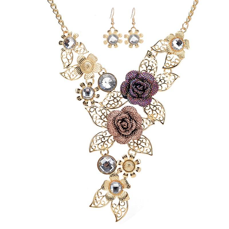 Women Retro Necklace Alloy Hollow Flower Diamond Necklace Stud Earrings Sets