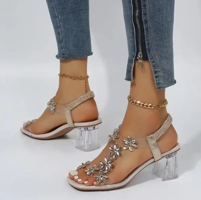Léto Ženy Sandály PVC Crystal Květinová dekorace Robustní podpatek Peep Toe Zadní pásek Pružný pásek Elegantní Módní Boty Dámské