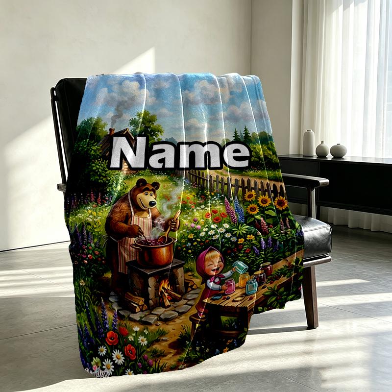 Custom Name Personalized Masha and The Bear Print Blankets, Home Decor, Bedroom, Sofa, Camping, Couch, Gifts for Birthday Christmas