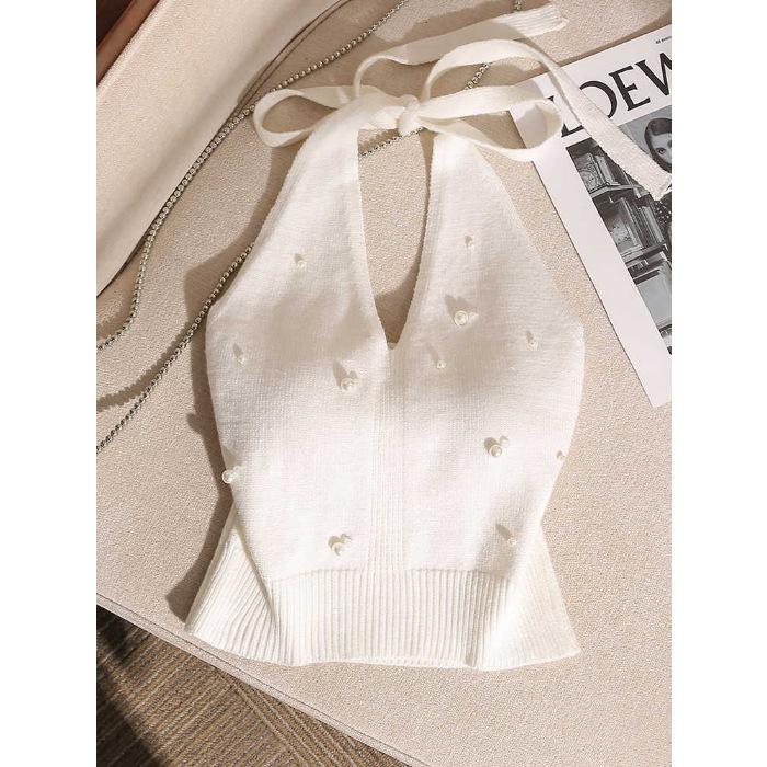 Stunning Slim-Fit French Beadwork Halter Tank Top with Beautiful Off-Shoulder Back Design for Women