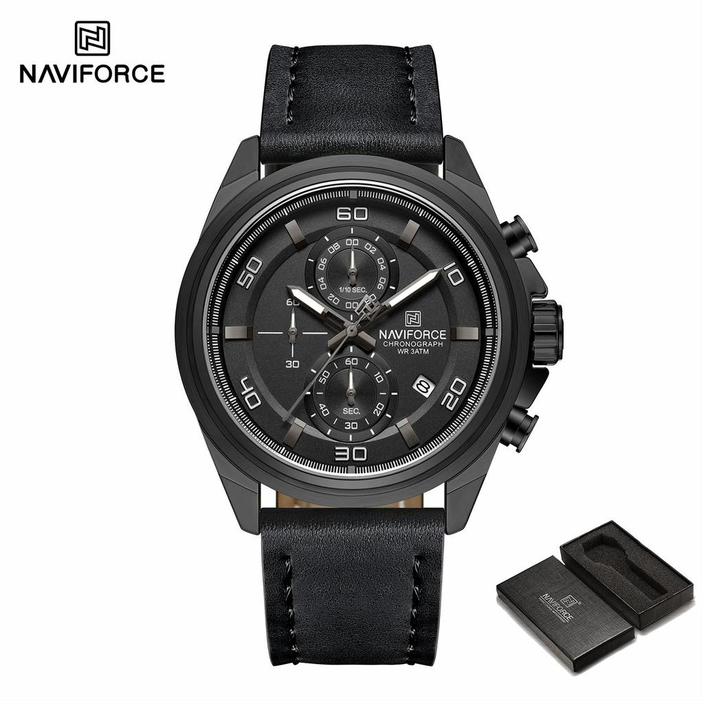 NAVIFORCE Men's Leather Watch Stopwatch Chronograph Calendar Luminous Hand Waterproof 3ATM Casual Business Fashion Watch NF8075