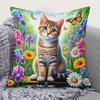Pillowcase 1pc, Cat And Butterflies In Flowers, Printed Holiday Theme Cushion Cover with Hidden Zipp