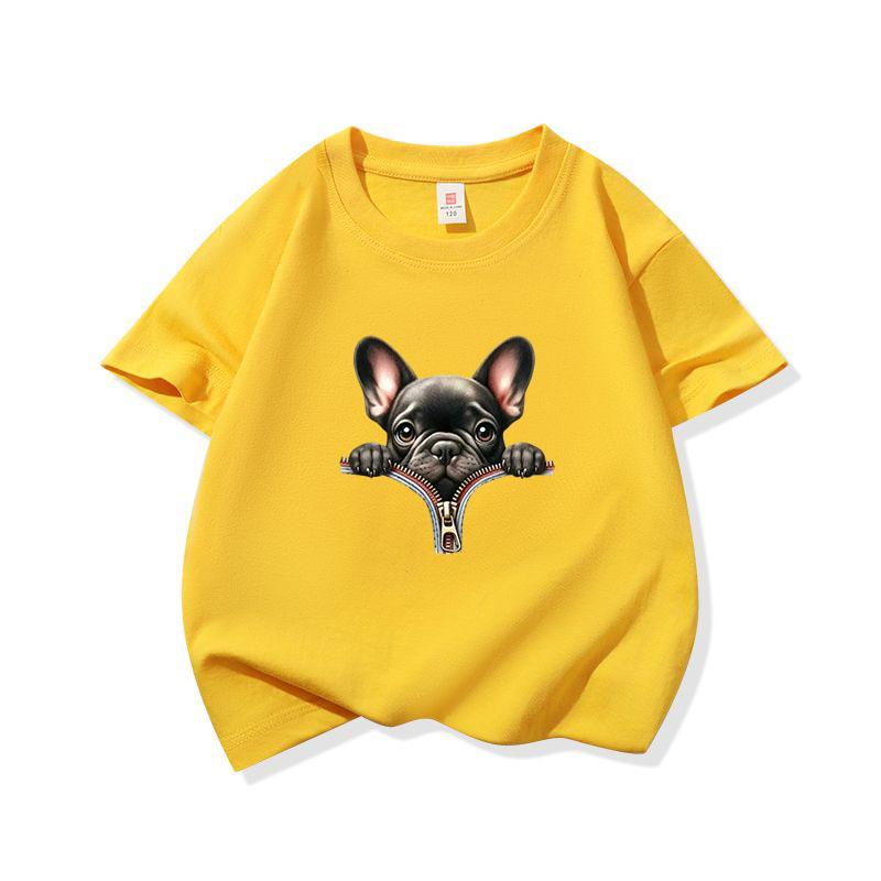 Kids Cotton T Shirt Adorable French Bulldog Zipper Print Crew Neck Short Sleeve Tee Casual Boys Girls Summer Tops