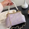 Elegant Evening Clutch Silk Satin for Women Clip Shell Pearl Blue Chain Shoulder Bags Wedding Party Bridal Small Bags New