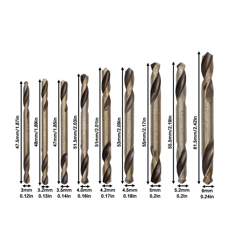 HSS 4341 Straight Handle Double Head Twist Drill Metal Drilling 9pc Double-edged Drill Bit 3-6mm Flashlight Drill Tool Accessory