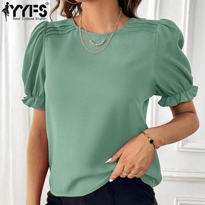 Camicette e camicie con scollo a maniche corte, stampa tinta unita, primavera estate, moda casual da donna