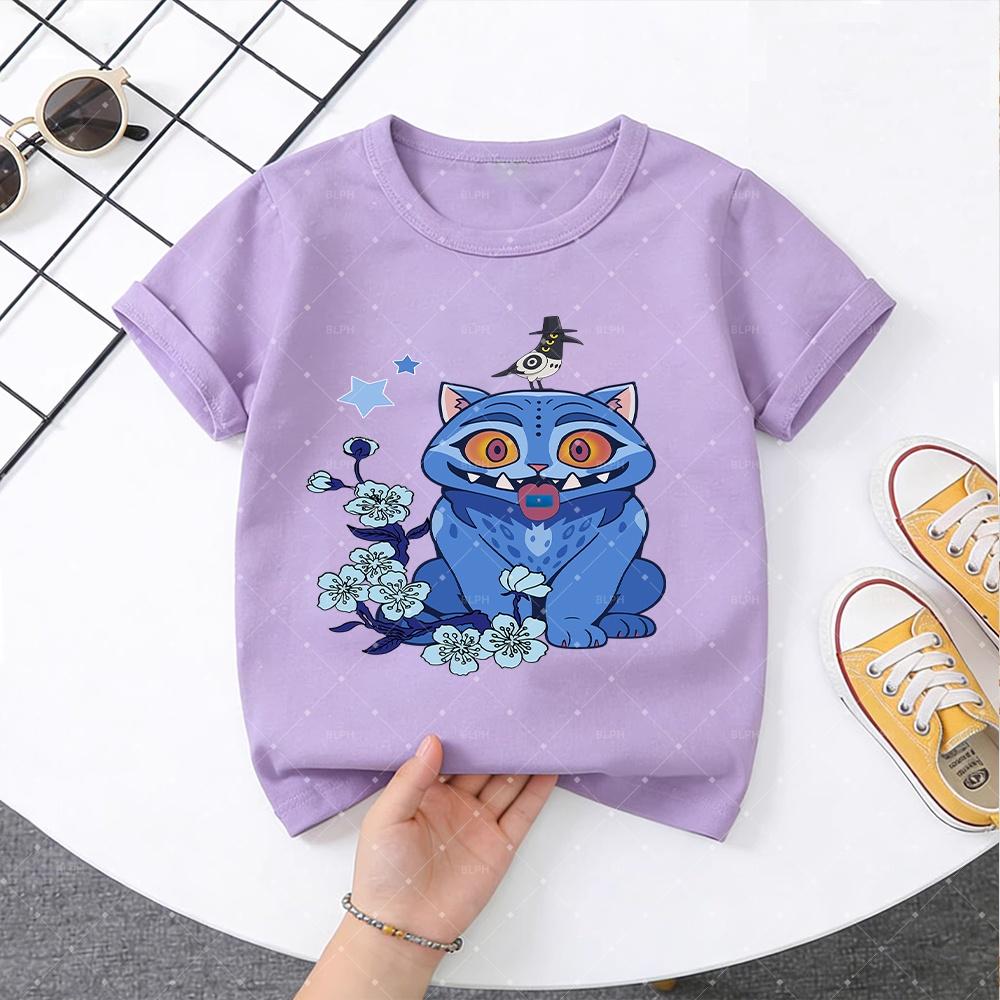 KPop Demon Hunter Cute Blue Cat with Bird Pattern Children's T-Shirt Fashionable Casual for Boys and Girls