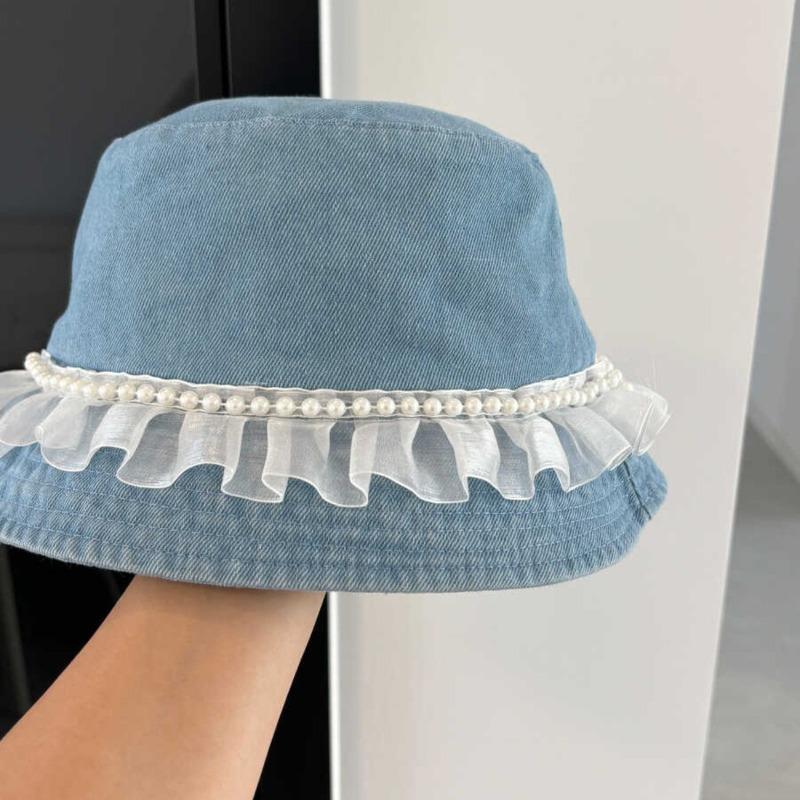 

1pc Lace Ruffle Denim Bucket Hat for Women Korean Pearl Decoration Wide Brim Fisherman Cap Outdoor Sunshade Summer Panama Hats One Size небо синє кольору