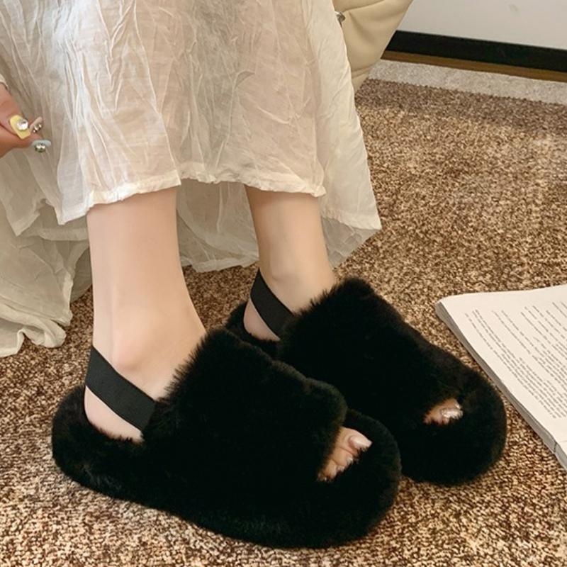 Fashion Women Fur Slippers Flats Platform Shoes Suede Warm Winter Shoes 2025 Trend New Fashion Open Toe Cozy Woman Flip Flops Casual