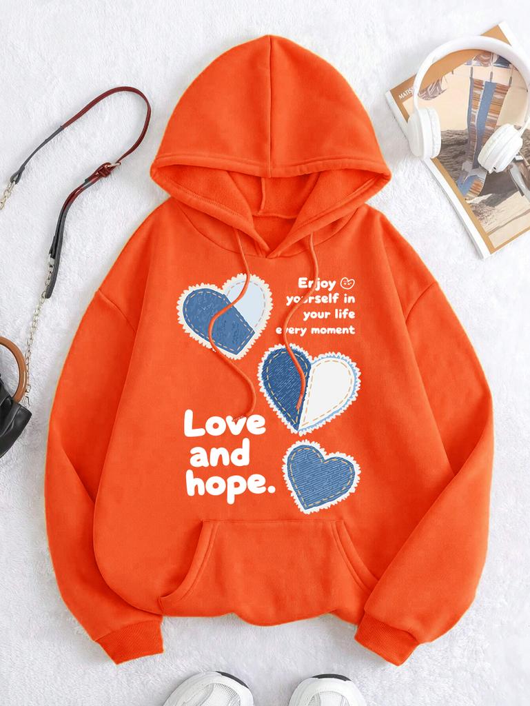 Love And Hope Blue Heart Printing Hoodie Women Multicolor All-Match Y2K Hoody Fleece Loose Hoodies Pocket Autumn Pullovers