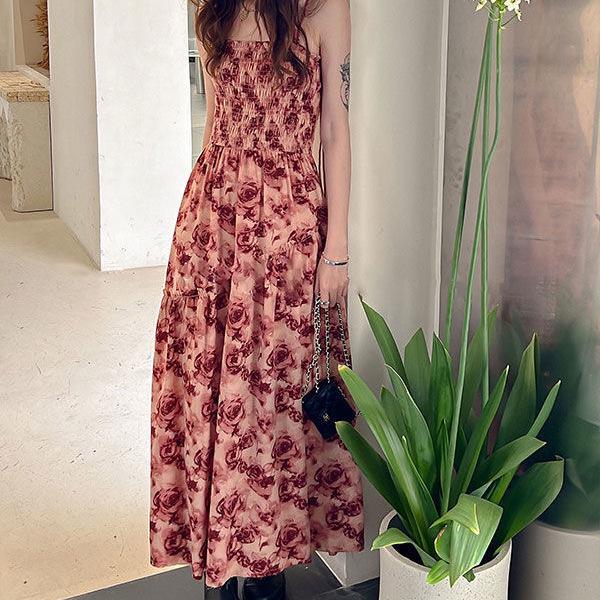 French-Style Floral Print Waist-Cinched Summer Dress for Women - Retro Japanese-Inspired Long Sling Dress 2026. L recommended [52.5-57.5 kg]