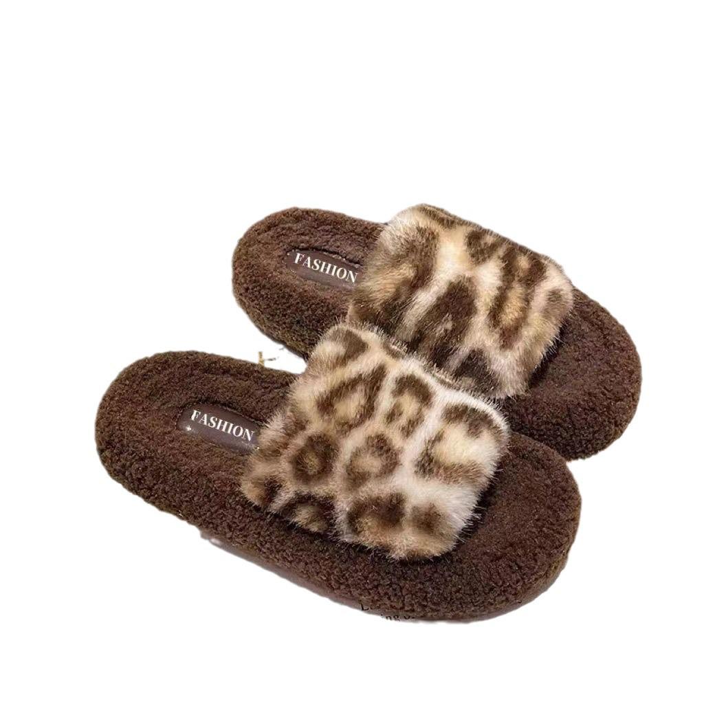 2024 Trendy Leopard Print Furry Slippers for Women - Autumn/Winter Outdoor & Home Wear with Thick Sole