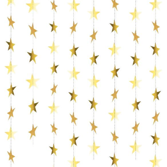 Glitter Gold Star Garland - 104 Ft Banner Backdrop for New Year, Birthday, Wedding & Party