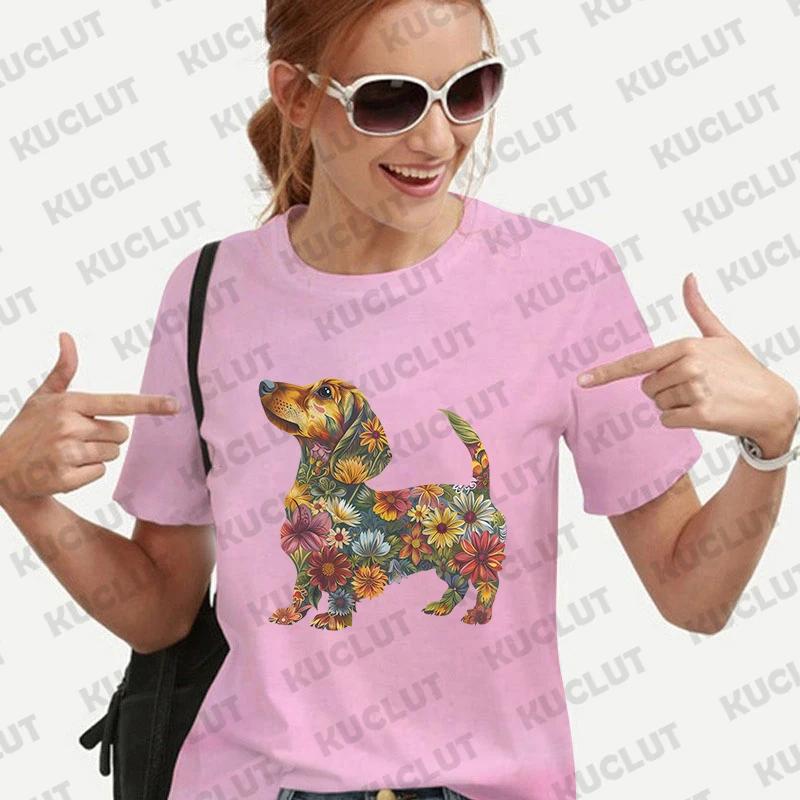 

Floral Dachshund Shirt Women Harujuku Summer T-shirt Casual Female Tees for Lady Short Sleeve Y2k Tops Harajuku Female Clothing 4XL