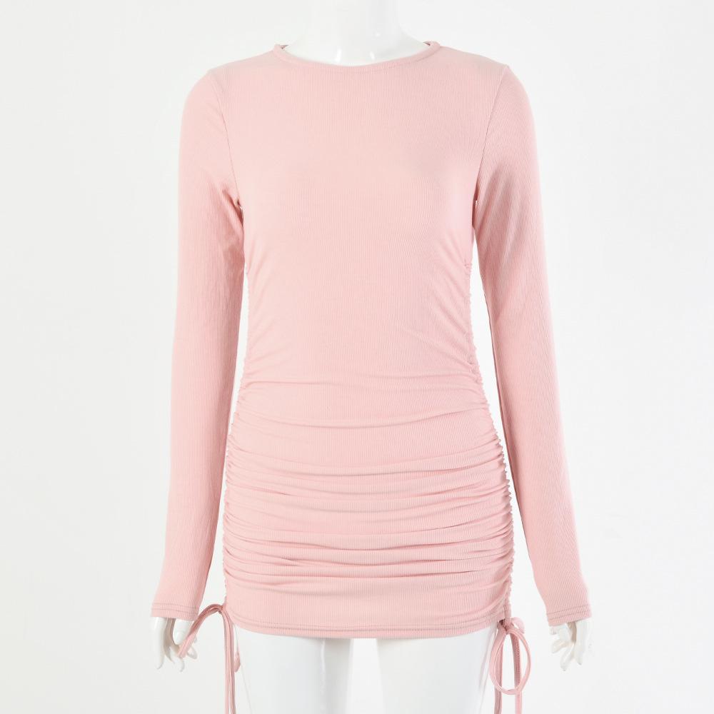 

Sexy Women s Clothing 2 Autumn and Winter New Dresses Women s Side Drawstring Long Sleeve Crew Neck Step Skirt L розовый