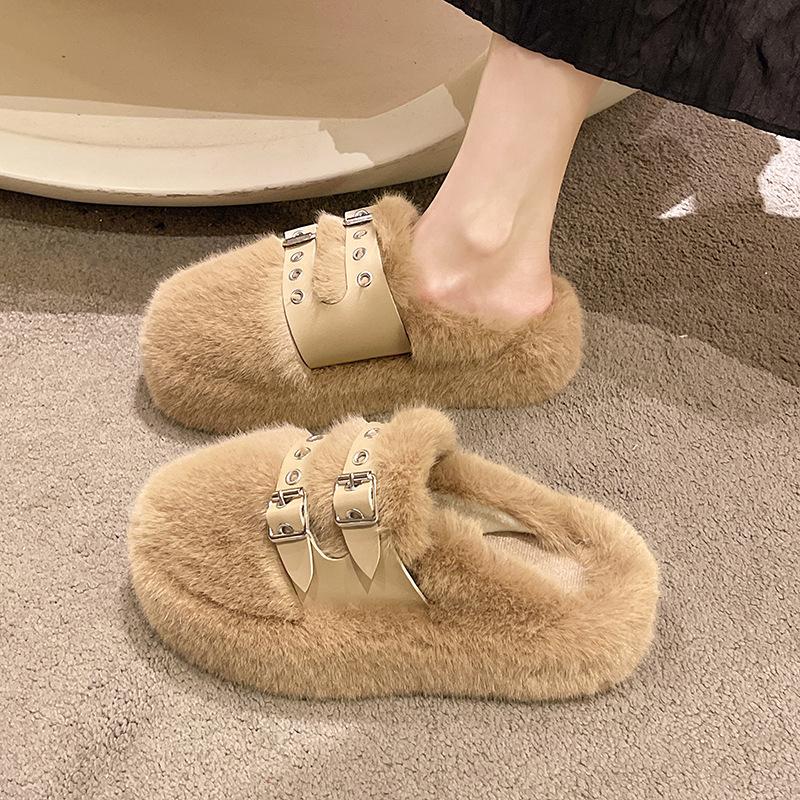 Niche design bag head fluffy slippers for women's autumn and winter wear 2025 new home furnishing piled thick-soled cotton slippers for women